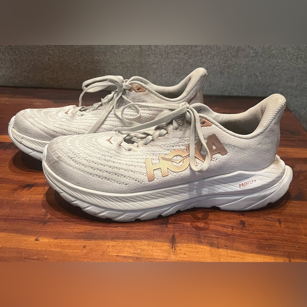 Hoka Women's Cream Running Shoes with Rose Gold Logo